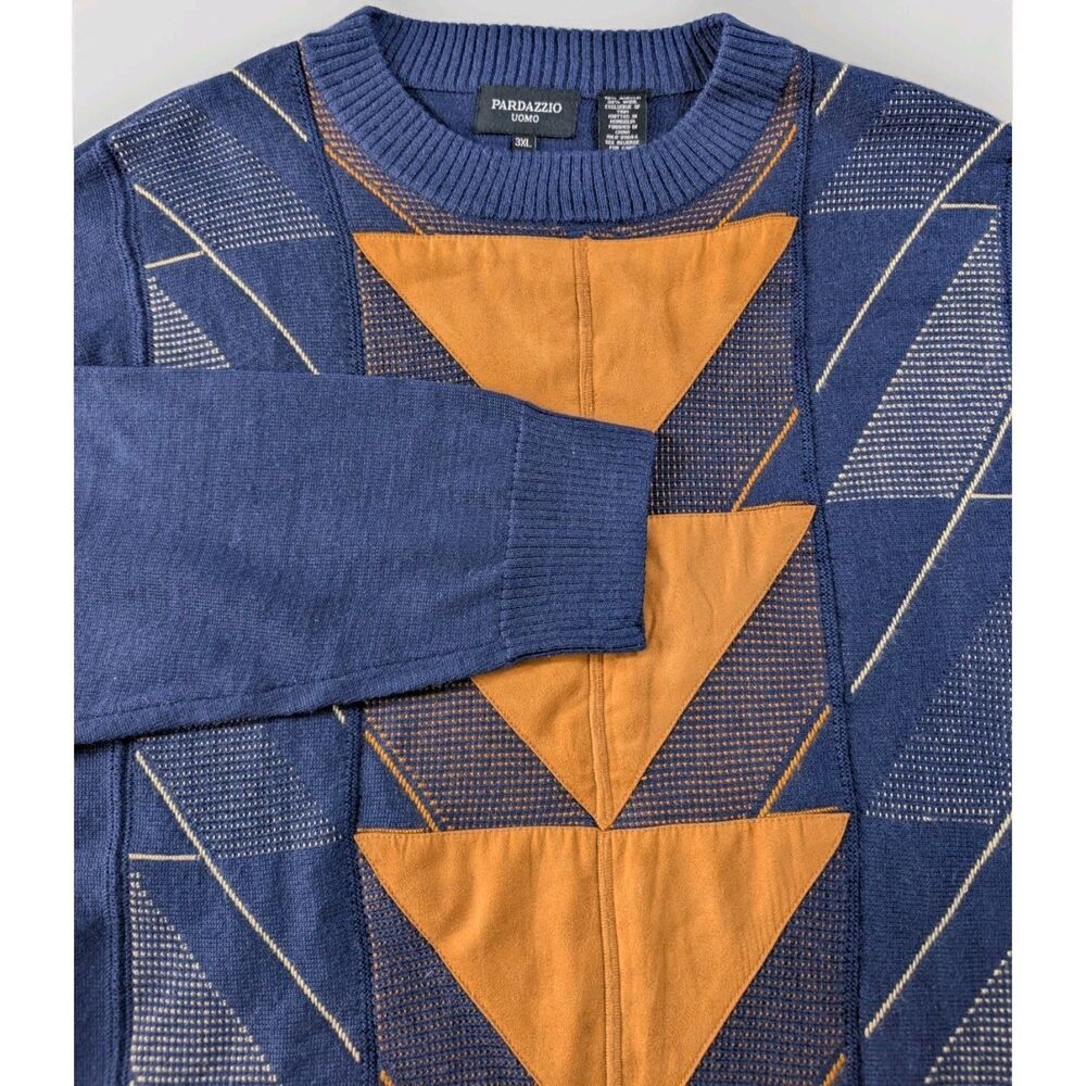 Pardazzio Uomo Sweater Mens 3XL Blue Geometric Crew Neck Wool Blend Vintage